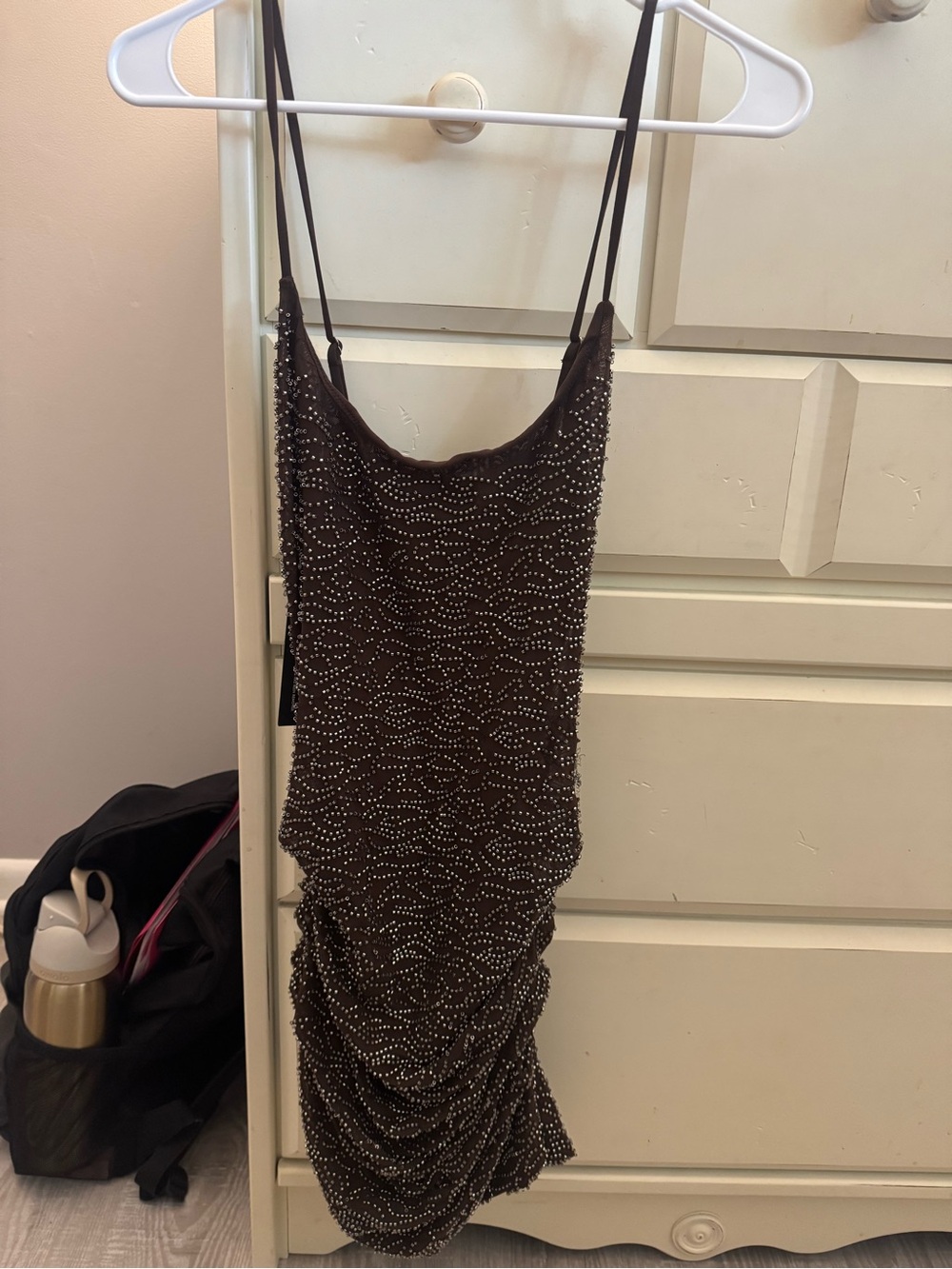 White Fox Beaded Brown Spaghetti-Strap Mini Dress